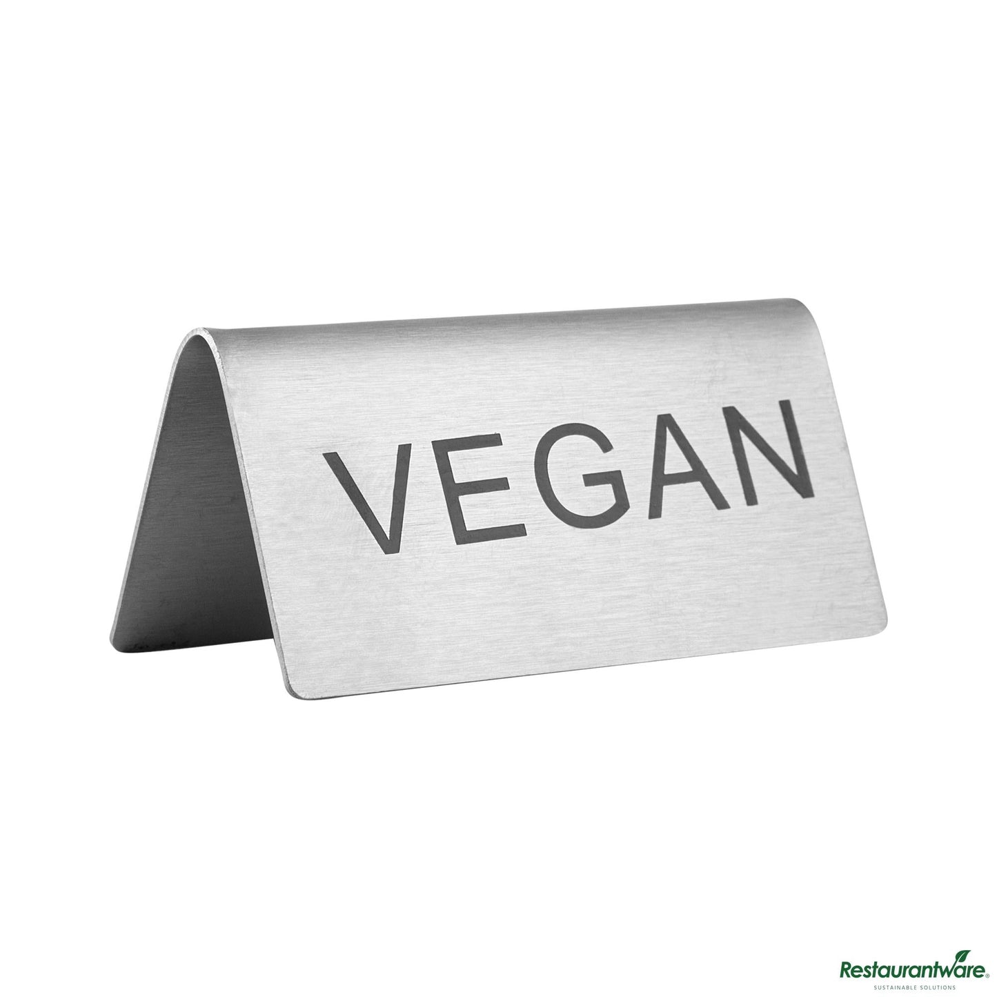 Wholesale Restaurantware Double-Sided Stainless Steel "Vegan" Table Tent Sign - 3"×1.2"×1.4"- Bulk