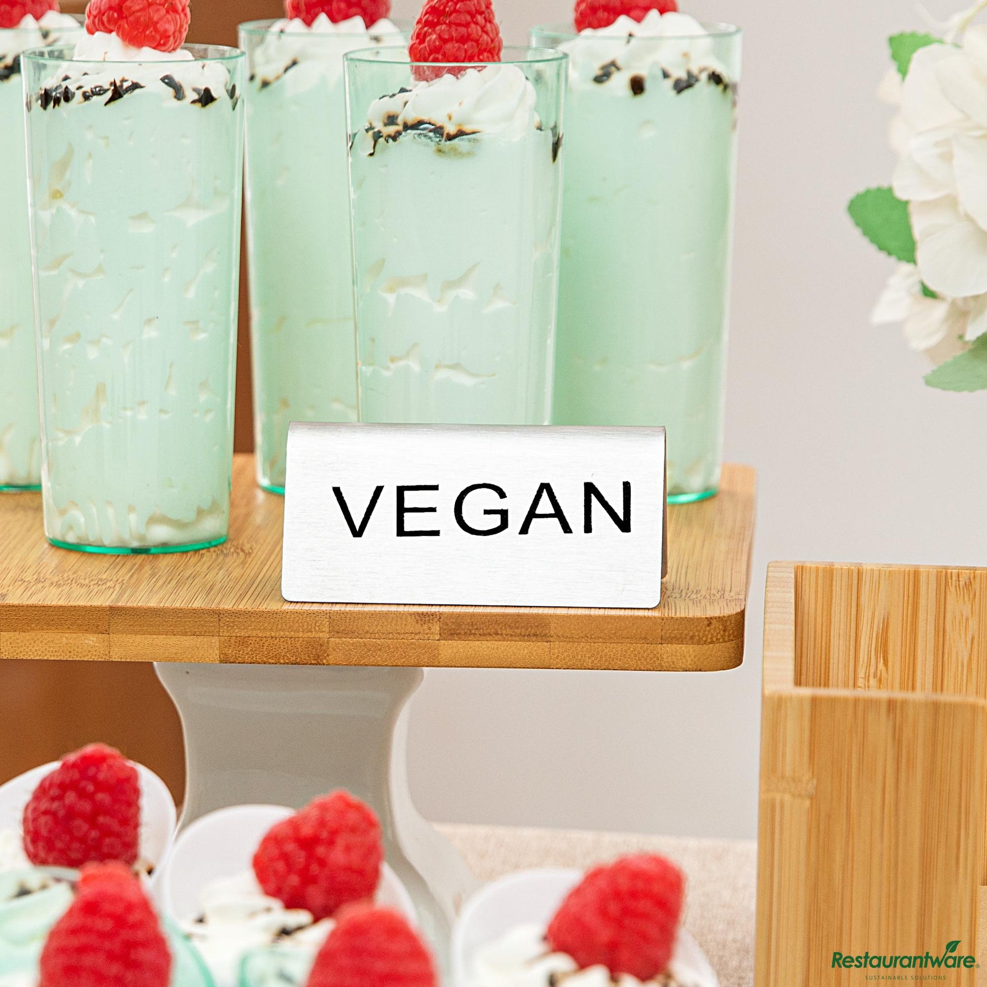 Wholesale Restaurantware Double-Sided Stainless Steel "Vegan" Table Tent Sign - 3"×1.2"×1.4"- Bulk