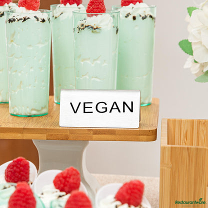 Wholesale Restaurantware Double-Sided Stainless Steel "Vegan" Table Tent Sign - 3"×1.2"×1.4"- Bulk