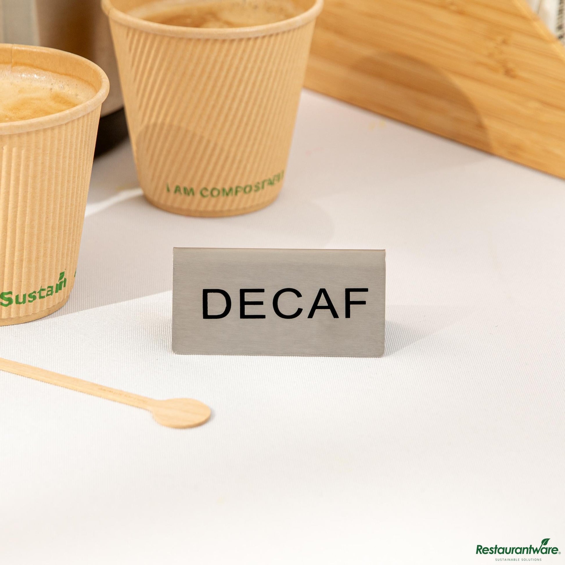 Wholesale Restaurantware Double-Sided Stainless Steel "Decaf" Table Tent Sign - 3"×1.2"×1.4"- Bulk