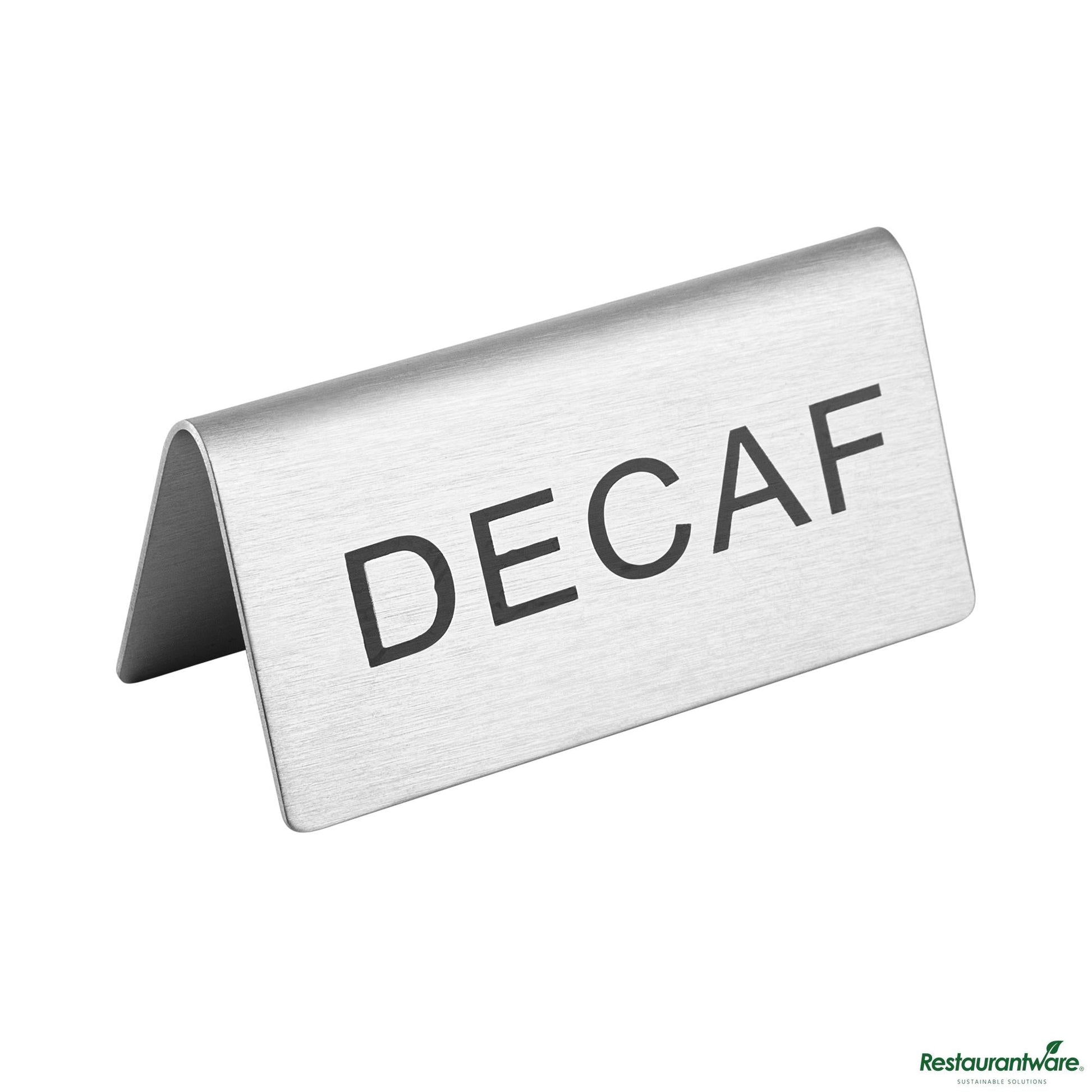 Wholesale Restaurantware Double-Sided Stainless Steel "Decaf" Table Tent Sign - 3"×1.2"×1.4"- Bulk