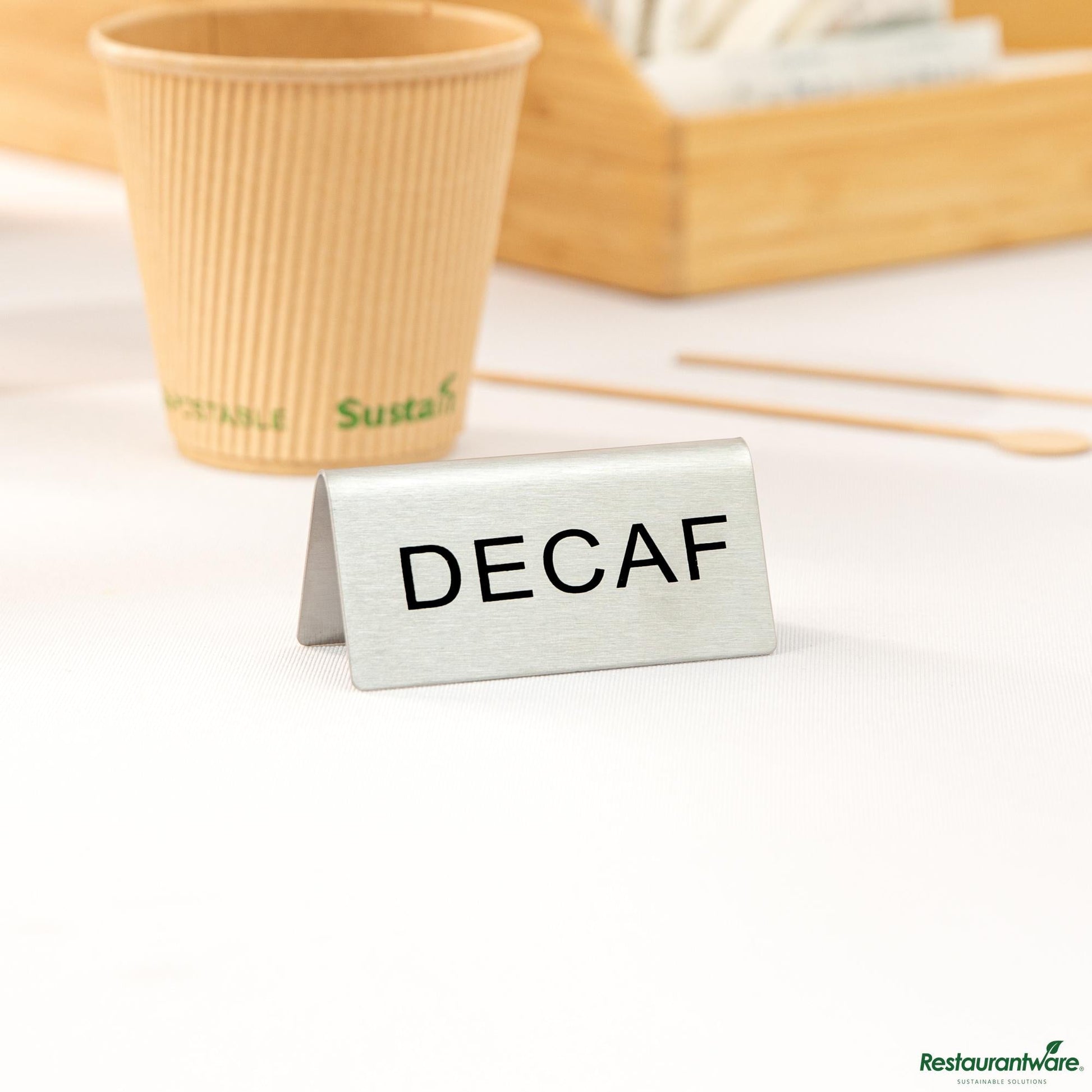 Wholesale Restaurantware Double-Sided Stainless Steel "Decaf" Table Tent Sign - 3"×1.2"×1.4"- Bulk