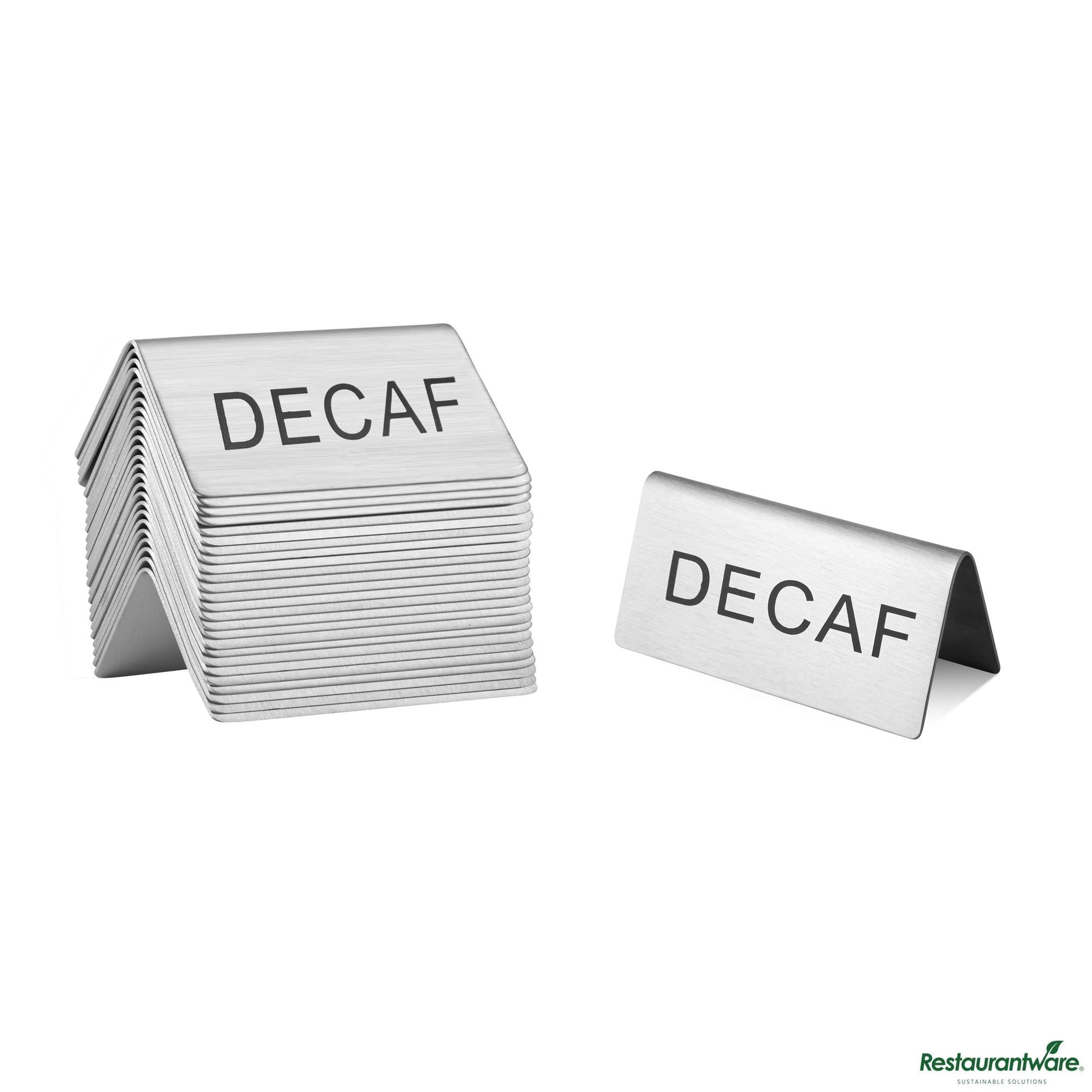 Wholesale Restaurantware Double-Sided Stainless Steel "Decaf" Table Tent Sign - 3"×1.2"×1.4"- Bulk