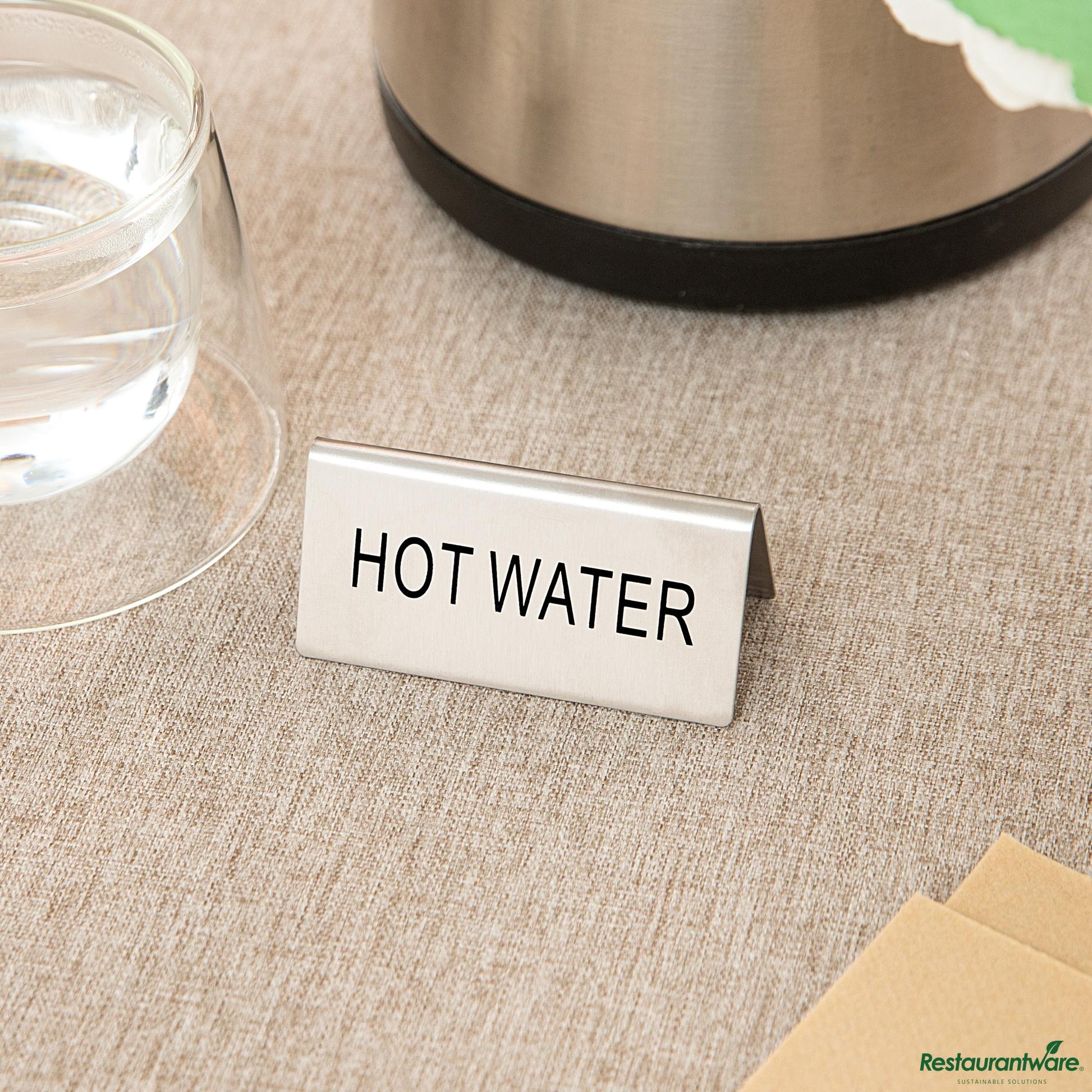 Wholesale Restaurantware Double-Sided Stainless Steel "Hot Water" Table Tent Sign - 3"×1.2"×1.4"- Bulk