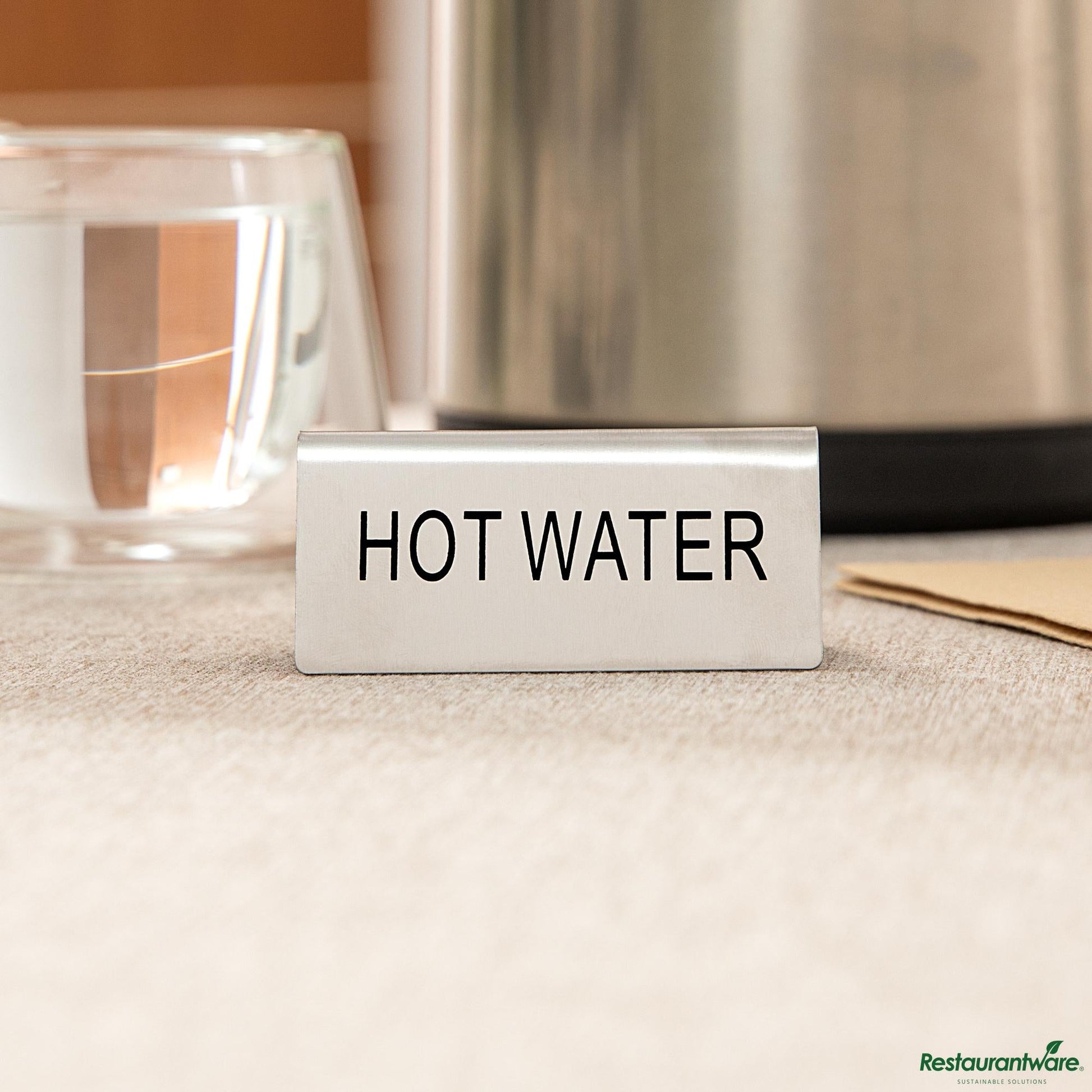 Wholesale Restaurantware Double-Sided Stainless Steel "Hot Water" Table Tent Sign - 3"×1.2"×1.4"- Bulk