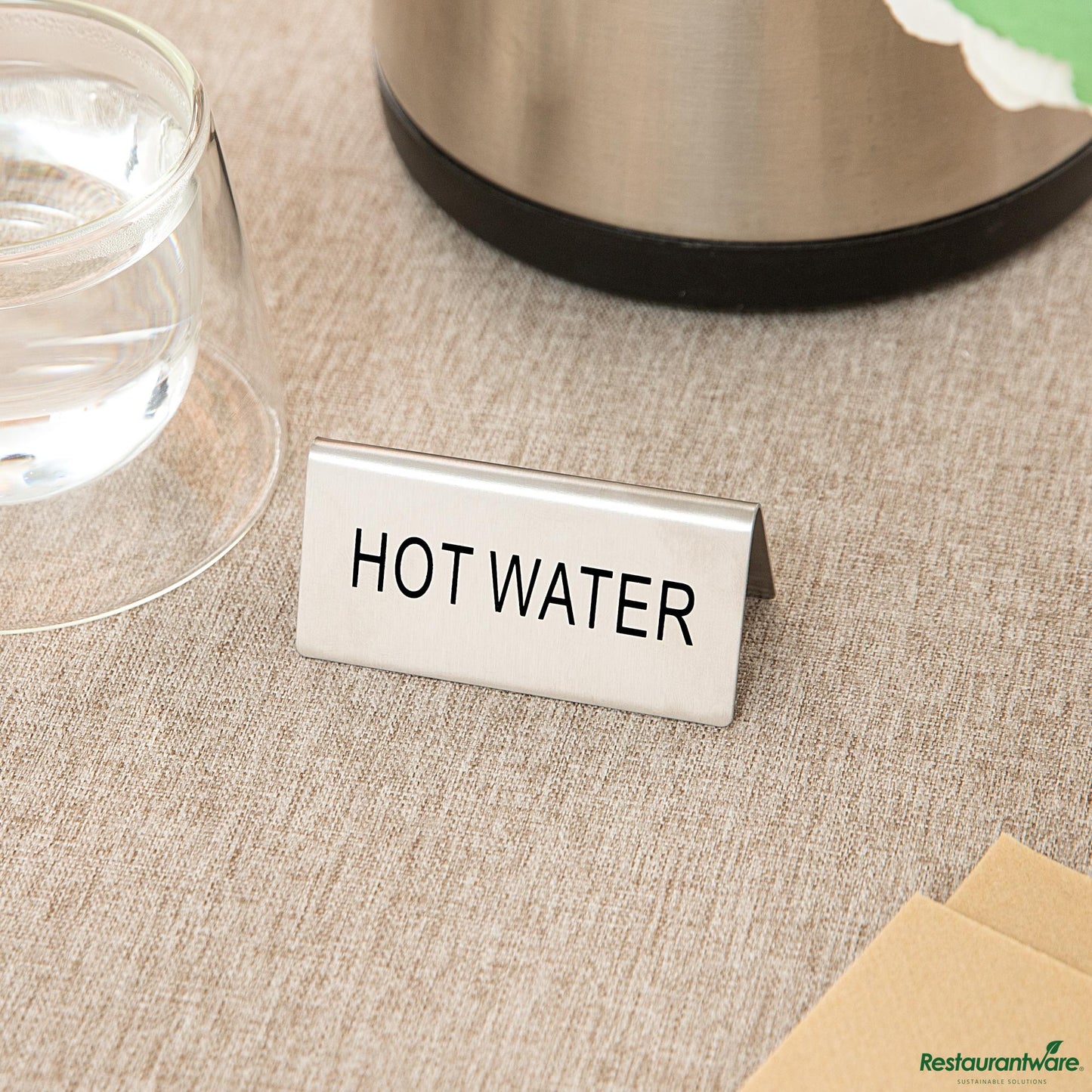 Wholesale Restaurantware Double-Sided Stainless Steel "Hot Water" Table Tent Sign - 3"×1.2"×1.4"- Bulk