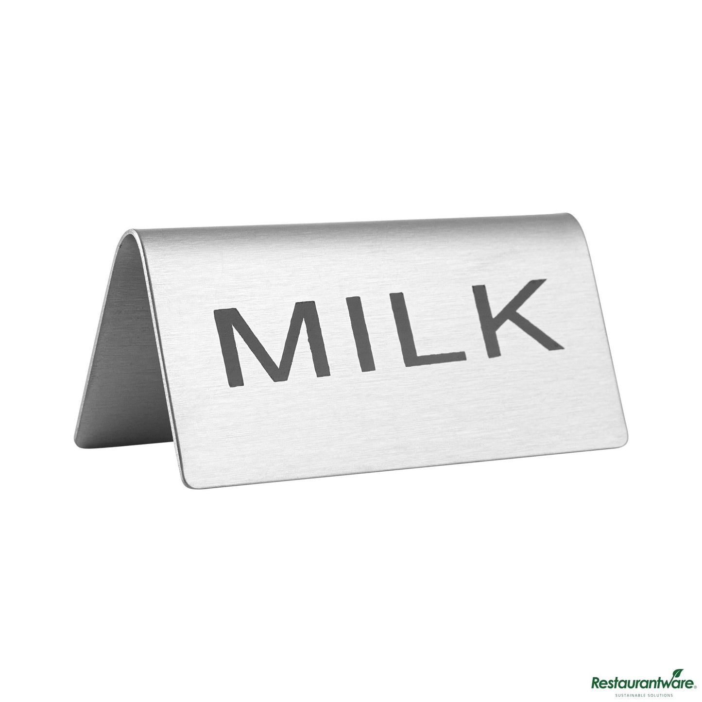 Wholesale Restaurantware Double-Sided Stainless Steel "Milk" Table Tent Sign - 3"×1.2"×1.4"- Bulk