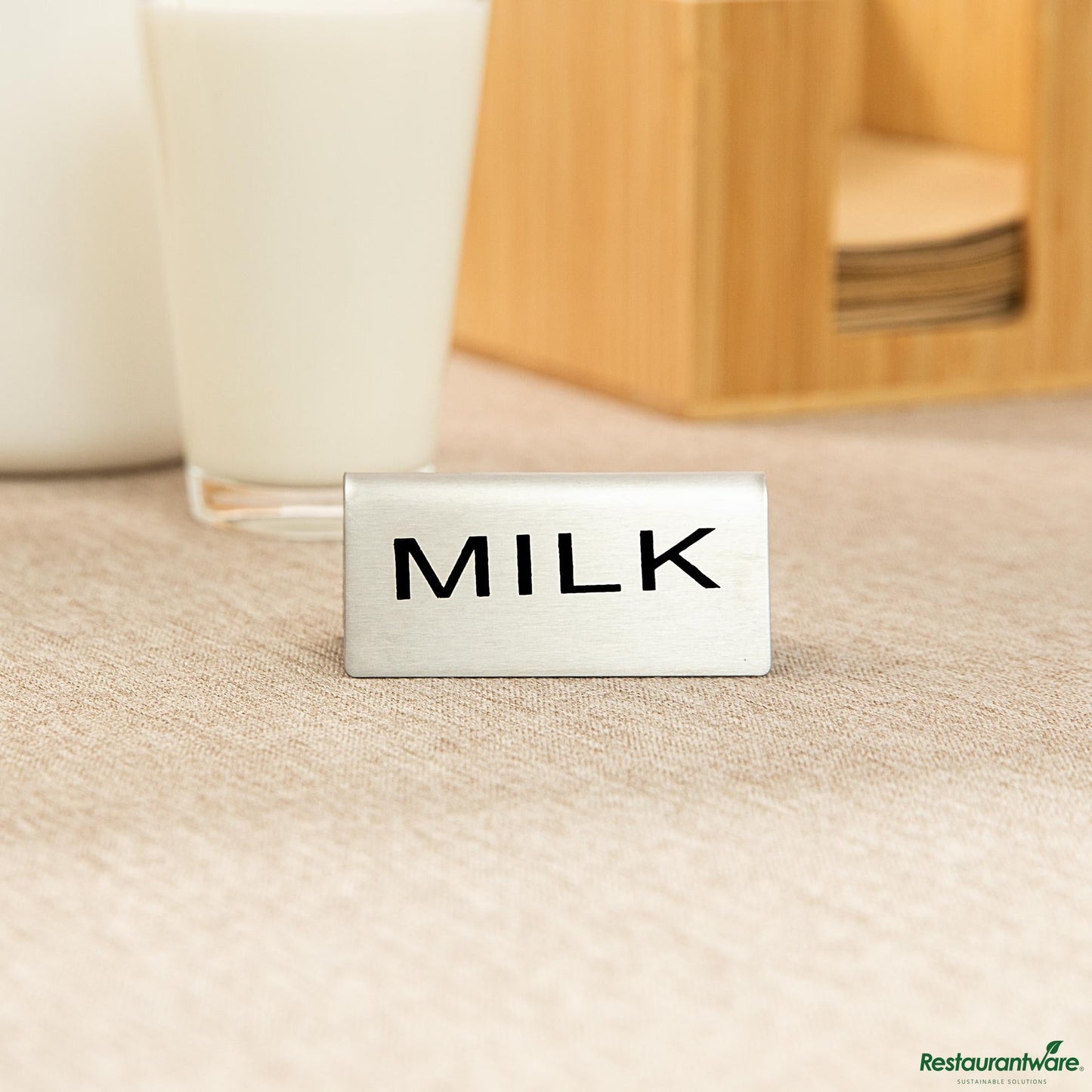 Wholesale Restaurantware Double-Sided Stainless Steel "Milk" Table Tent Sign - 3"×1.2"×1.4"- Bulk