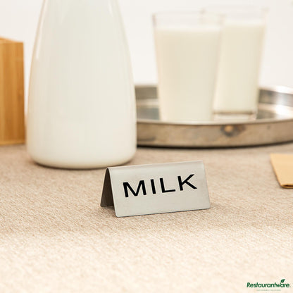 Wholesale Restaurantware Double-Sided Stainless Steel "Milk" Table Tent Sign - 3"×1.2"×1.4"- Bulk