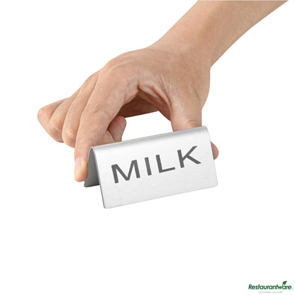 Wholesale Restaurantware Double-Sided Stainless Steel "Milk" Table Tent Sign - 3"×1.2"×1.4"- Bulk