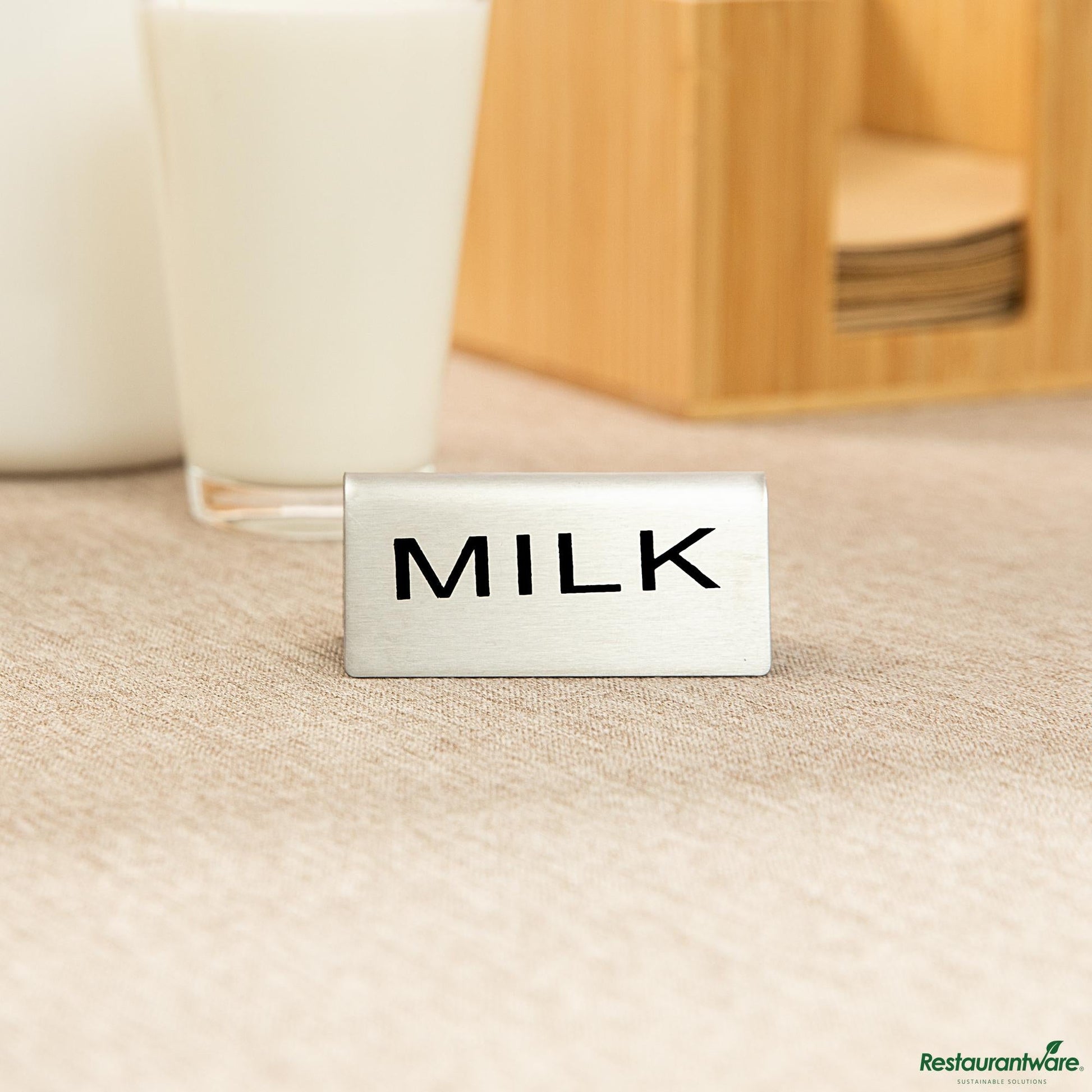 Wholesale Restaurantware Double-Sided Stainless Steel "Milk" Table Tent Sign - 3"×1.2"×1.4"- Bulk