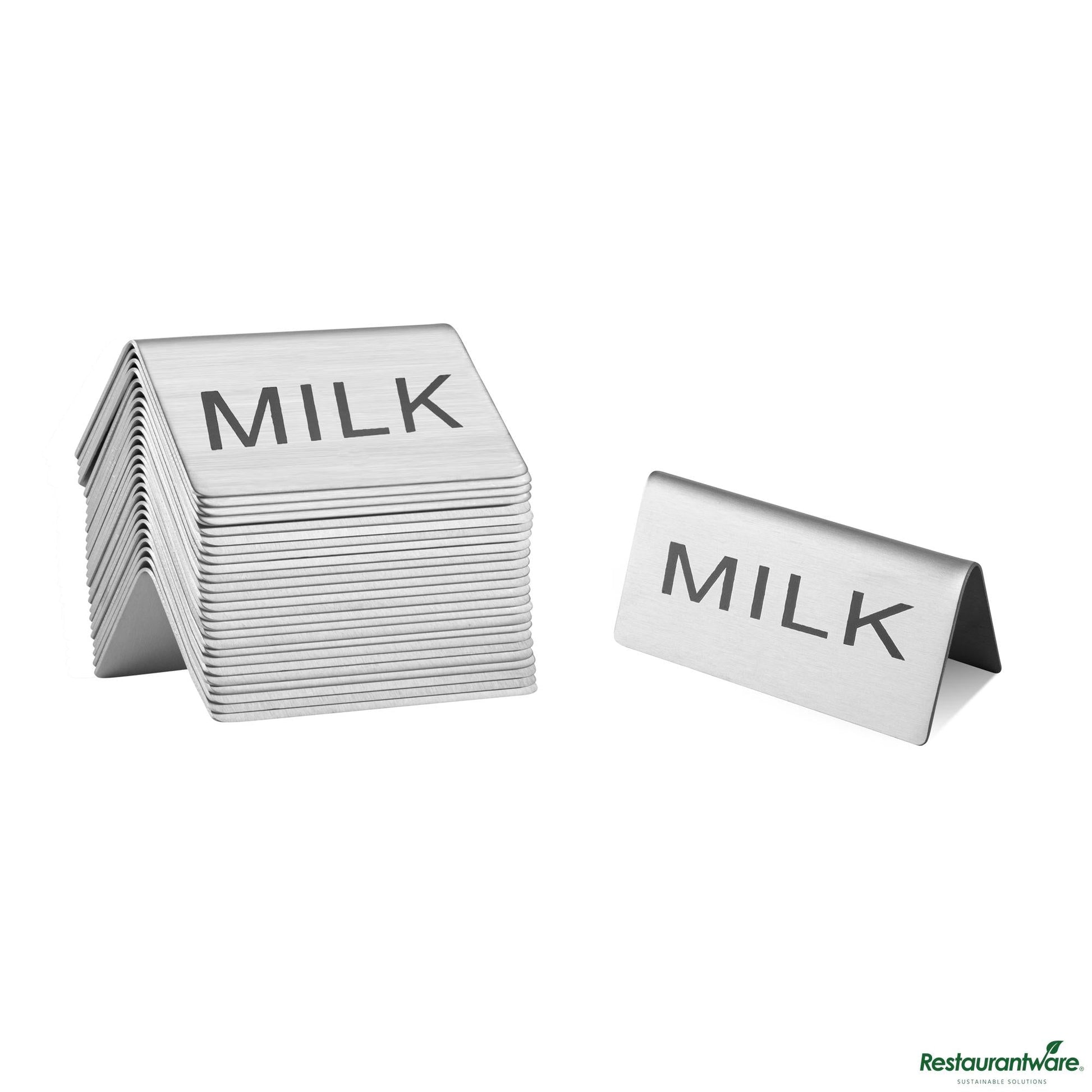 Wholesale Restaurantware Double-Sided Stainless Steel "Milk" Table Tent Sign - 3"×1.2"×1.4"- Bulk