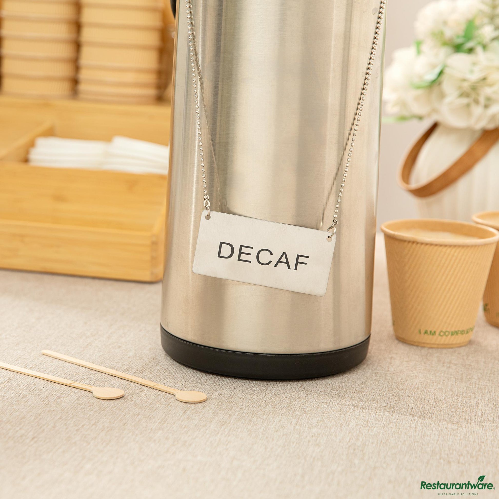 Wholesale Restaurantware Stainless Steel Coffee Chafer Urn Chain - with "Decaf" Label - 3.5"×1.7"×0.03"- Bulk