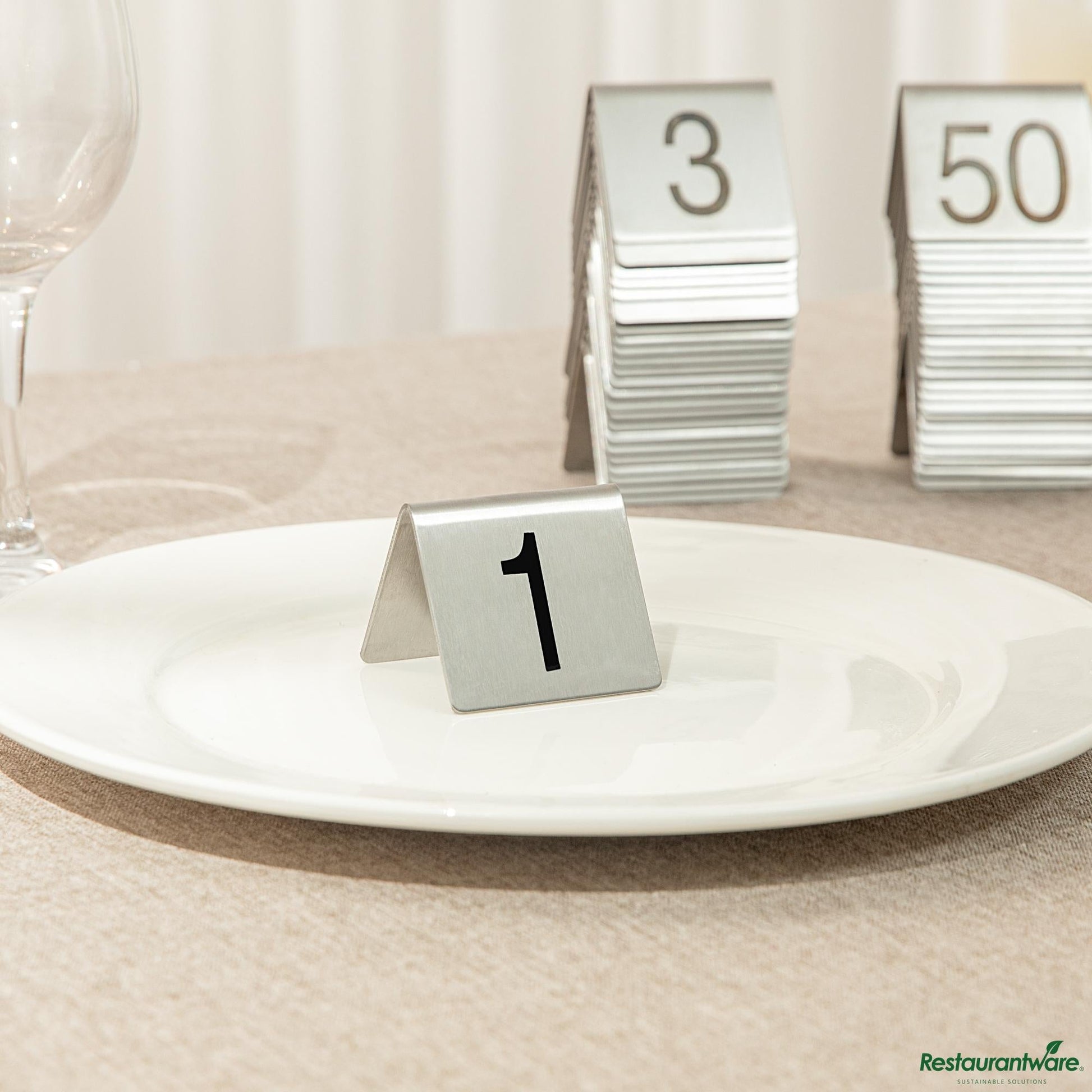 Wholesale Restaurantware Stainless Steel Number Table Tents - 1 to 50 - 5.3"×3"×5.6"- Bulk