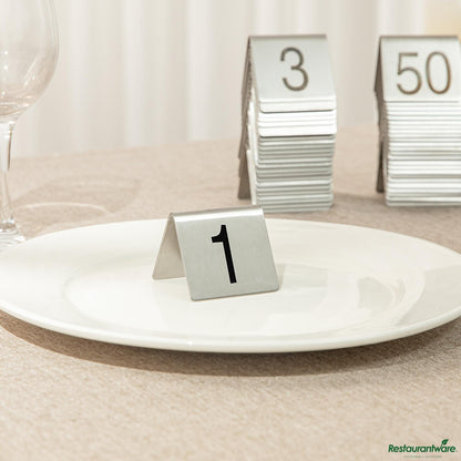 Wholesale Restaurantware Stainless Steel Number Table Tents - 1 to 50 - 5.3"×3"×5.6"- Bulk