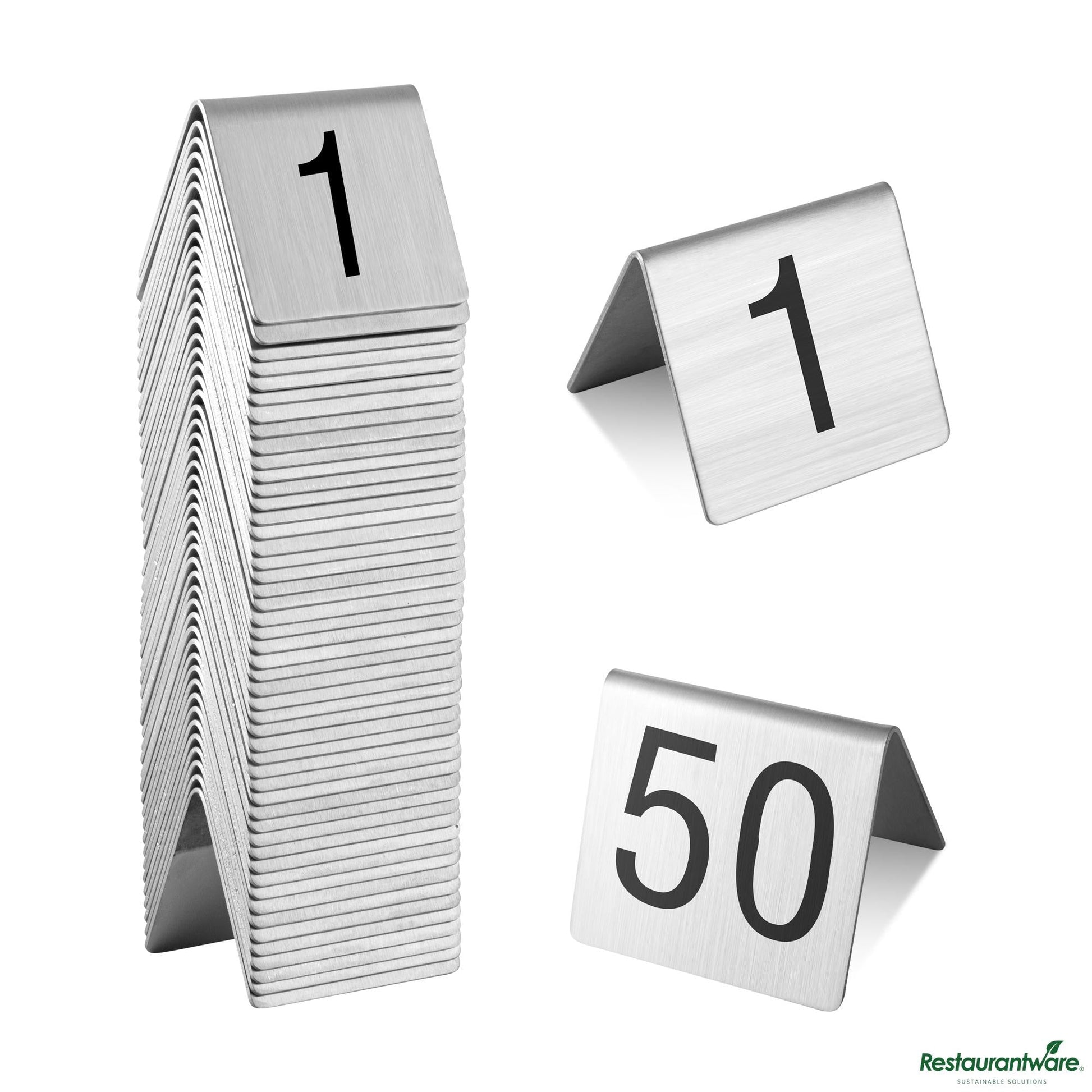 Wholesale Restaurantware Stainless Steel Number Table Tents - 1 to 50 - 5.3"×3"×5.6"- Bulk