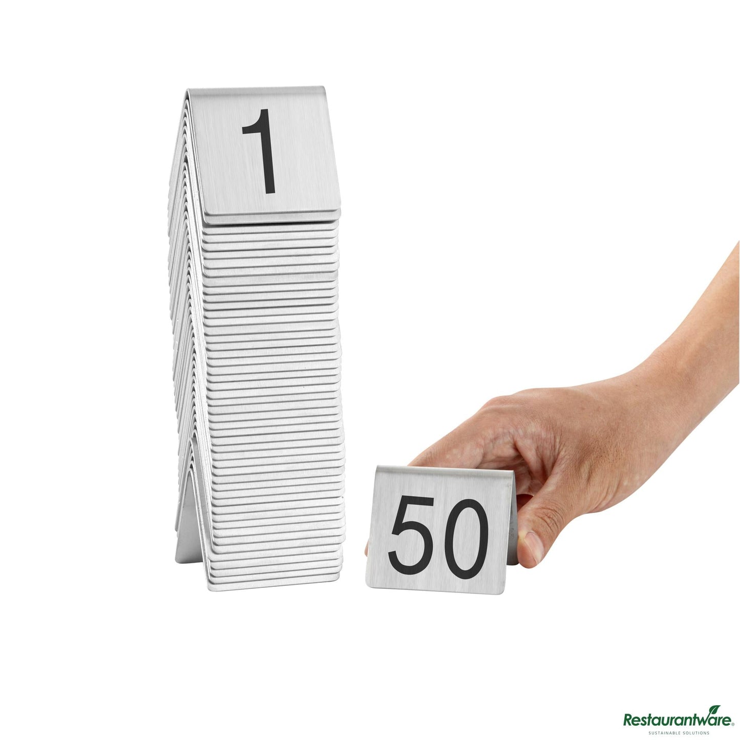 Wholesale Restaurantware Stainless Steel Number Table Tents - 1 to 50 - 5.3"×3"×5.6"- Bulk