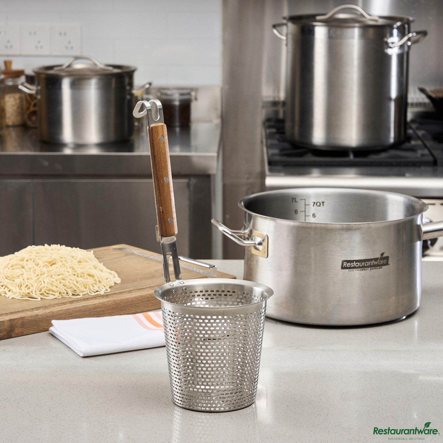 Wholesale Restaurantware Stainless Steel Noodle Strainer / Blanching Basket - Wooden Handle - 5.5"×5.5"×13.8"- Bulk