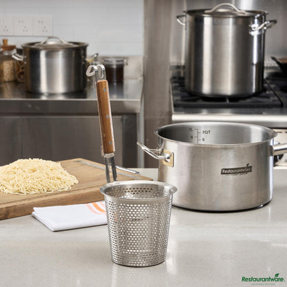 Wholesale Restaurantware Stainless Steel Noodle Strainer / Blanching Basket - Wooden Handle - 5.5"×5.5"×13.8"- Bulk