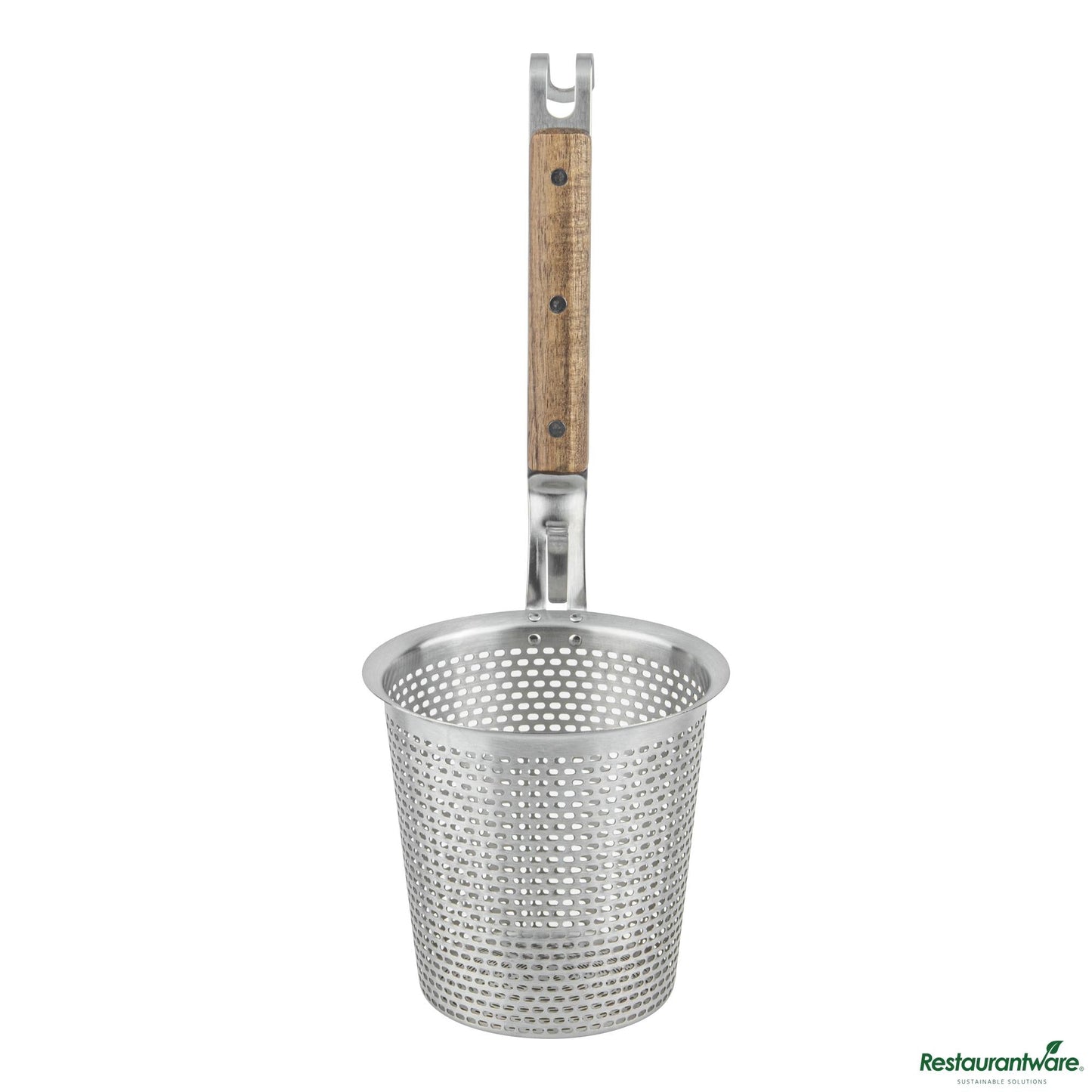 Wholesale Restaurantware Stainless Steel Noodle Strainer / Blanching Basket - Wooden Handle - 5.5"×5.5"×13.8"- Bulk
