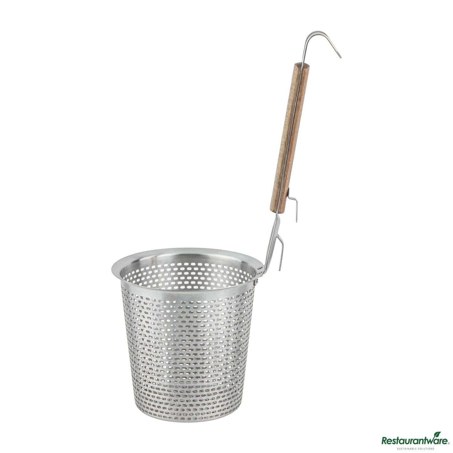 Wholesale Restaurantware Stainless Steel Noodle Strainer / Blanching Basket - Wooden Handle - 5.5"×5.5"×13.8"- Bulk
