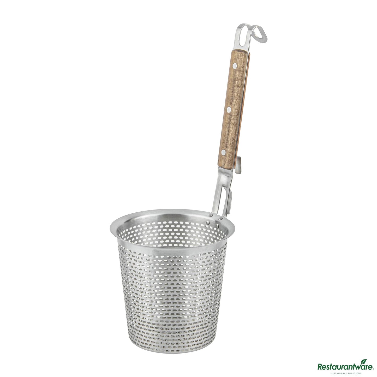 Wholesale Restaurantware Stainless Steel Noodle Strainer / Blanching Basket - Wooden Handle - 5.5"×5.5"×13.8"- Bulk