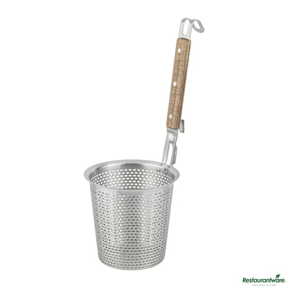 Wholesale Restaurantware Stainless Steel Noodle Strainer / Blanching Basket - Wooden Handle - 5.5"×5.5"×13.8"- Bulk