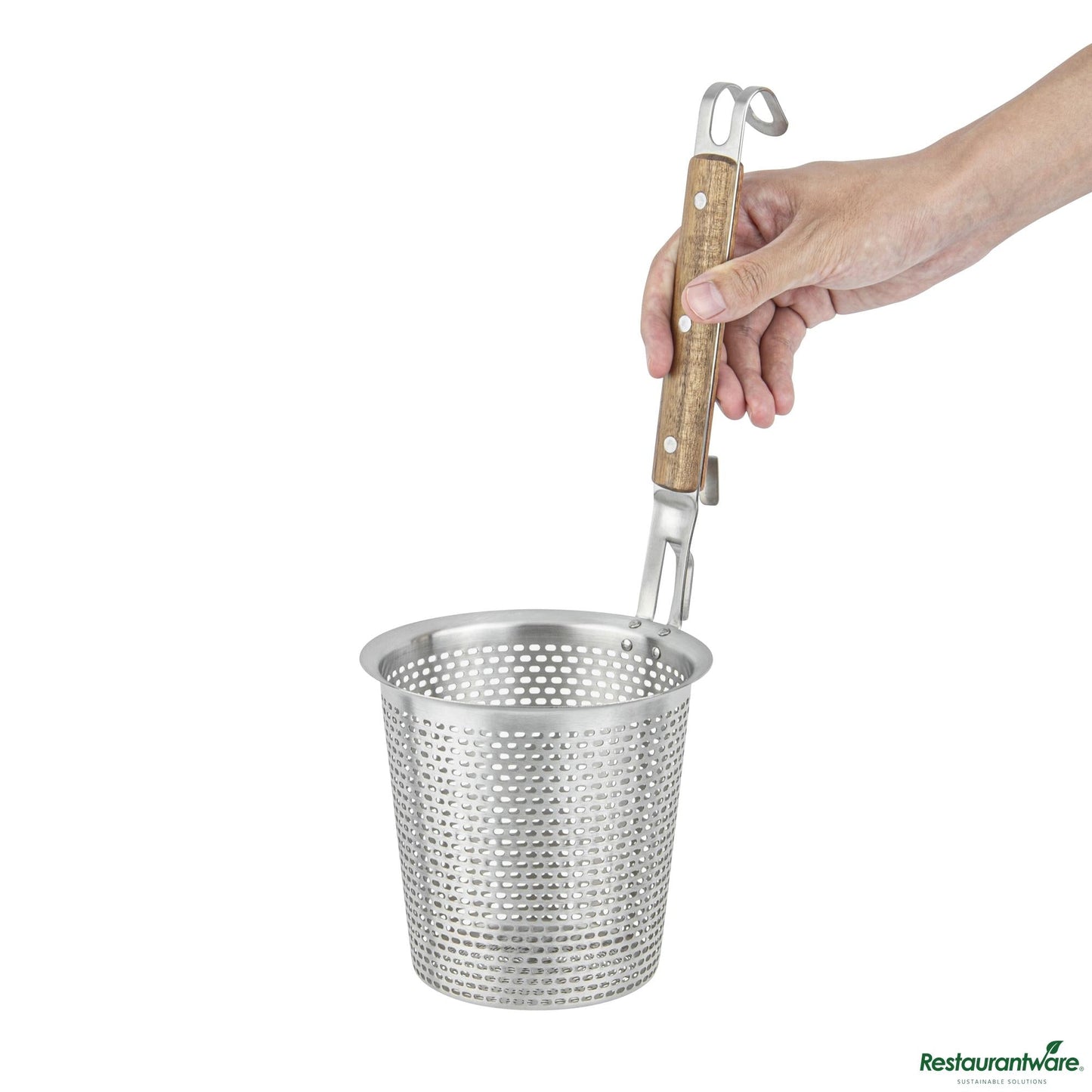 Wholesale Restaurantware Stainless Steel Noodle Strainer / Blanching Basket - Wooden Handle - 5.5"×5.5"×13.8"- Bulk