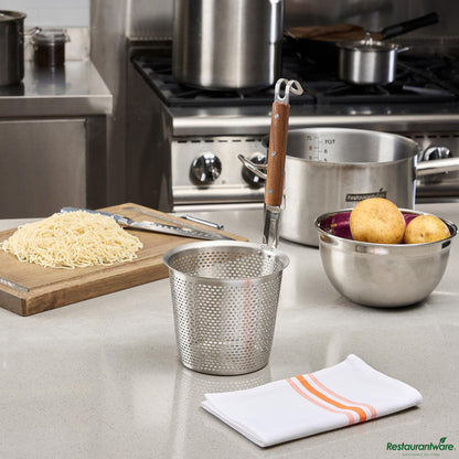 Wholesale Restaurantware Stainless Steel Noodle Strainer / Blanching Basket - Wooden Handle - 6.5"×6.5"×14.2"- Bulk