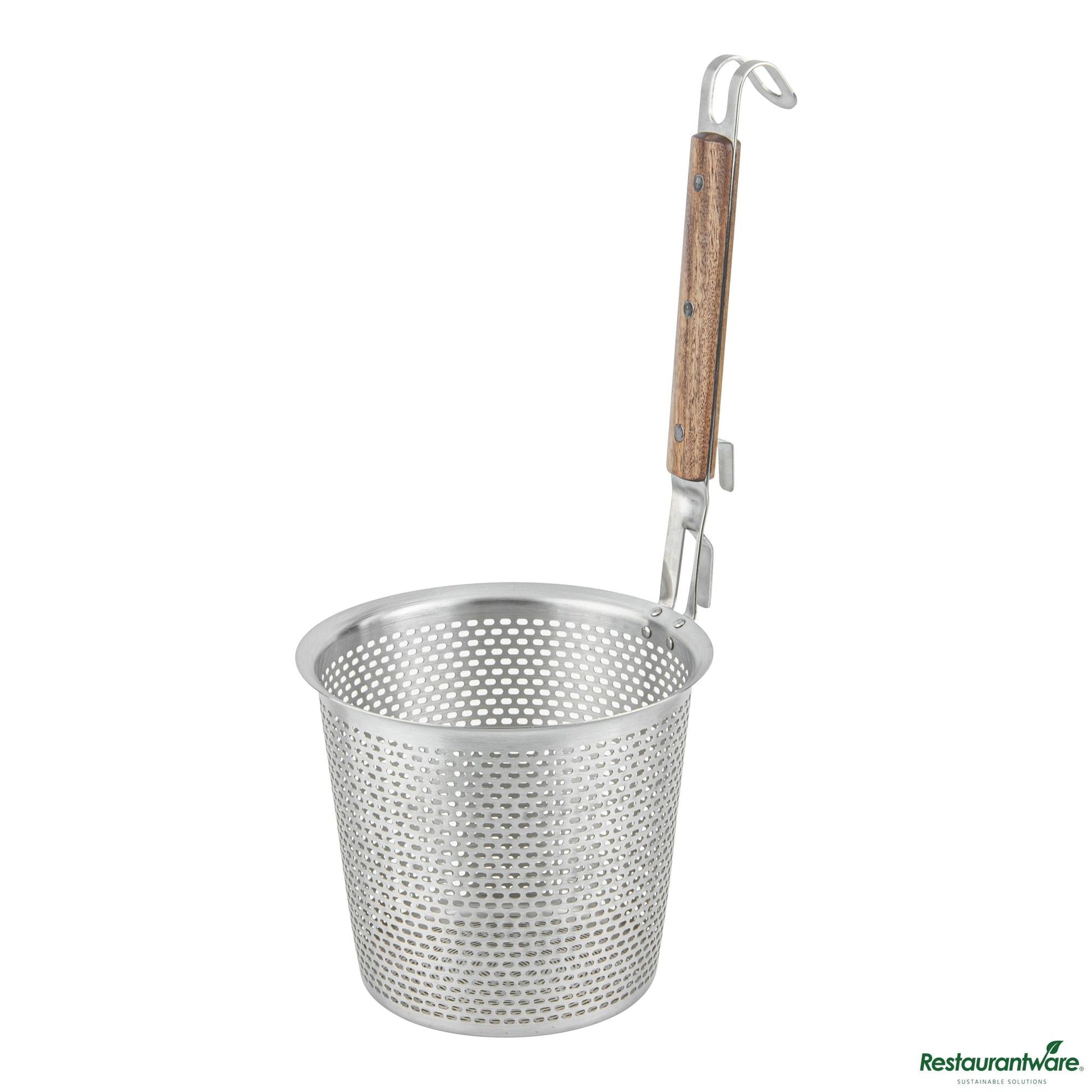 Wholesale Restaurantware Stainless Steel Noodle Strainer / Blanching Basket - Wooden Handle - 6.5"×6.5"×14.2"- Bulk