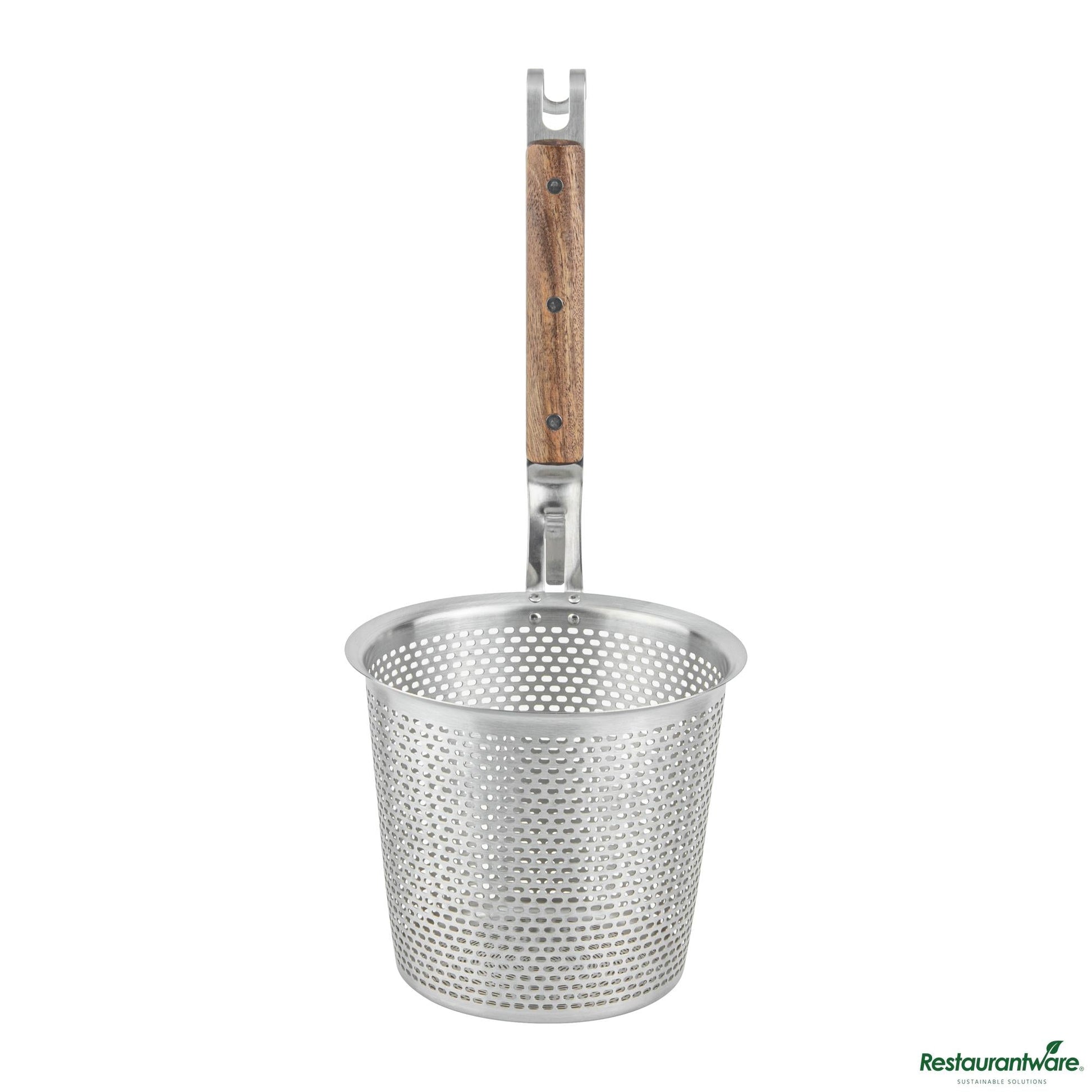 Wholesale Restaurantware Stainless Steel Noodle Strainer / Blanching Basket - Wooden Handle - 6.5"×6.5"×14.2"- Bulk
