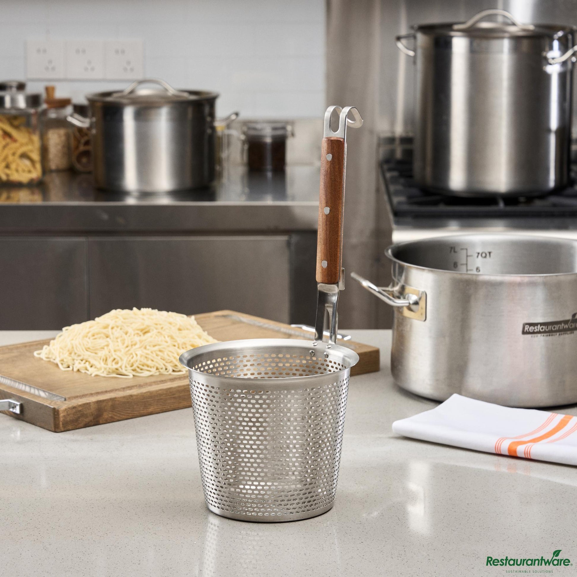 Wholesale Restaurantware Stainless Steel Noodle Strainer / Blanching Basket - Wooden Handle - 6.5"×6.5"×14.2"- Bulk