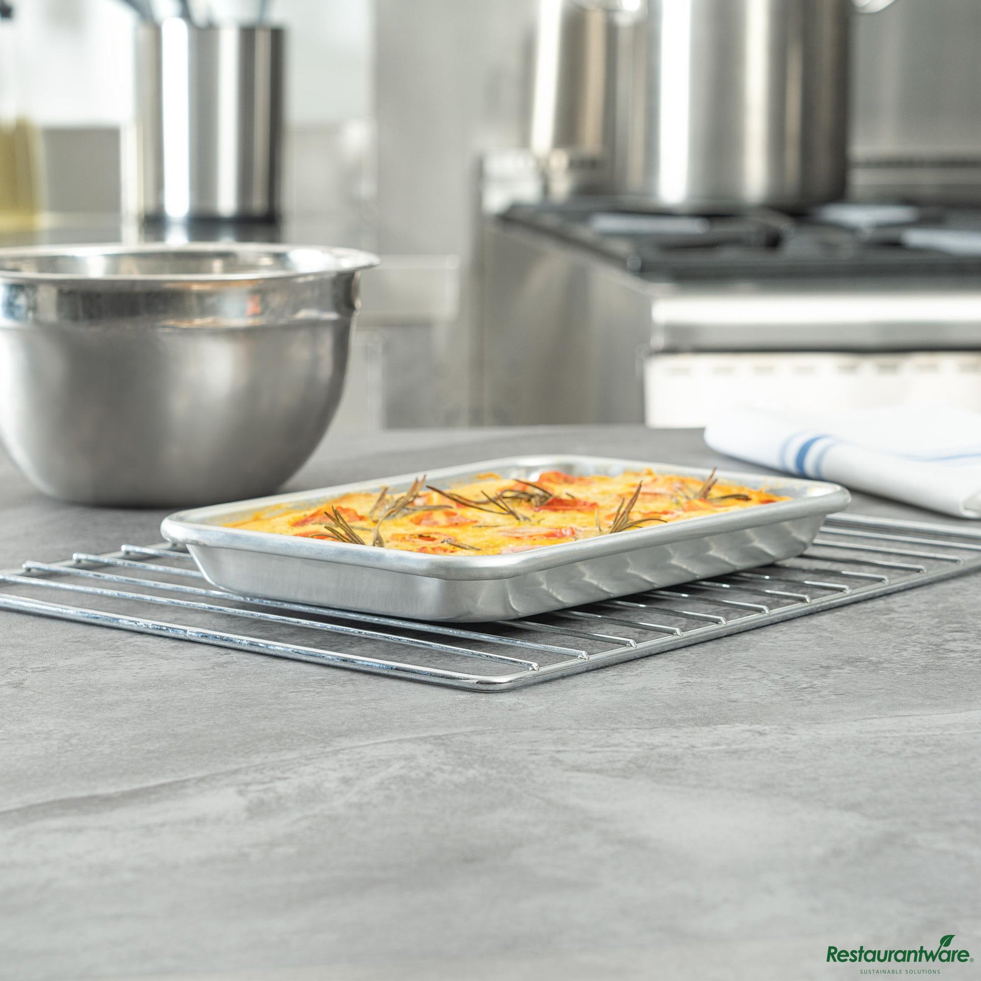 Wholesale Restaurantware 19-Gauge 1/8 Size Aluminum Bun/sheet Pan - Wire-Reinforced Beaded Rim - 9.5"×6.5"×1"- Bulk