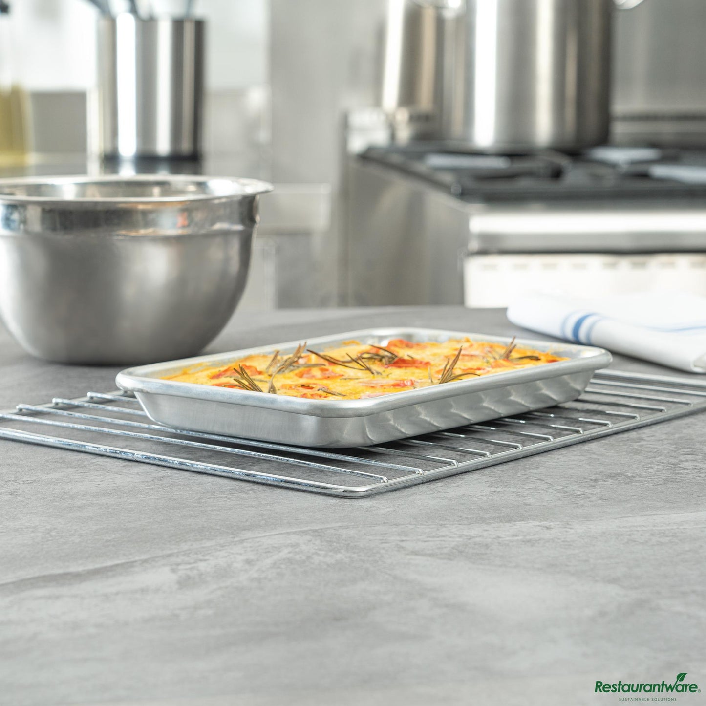 Wholesale Restaurantware 19-Gauge 1/8 Size Aluminum Bun/sheet Pan - Wire-Reinforced Beaded Rim - 9.5"×6.5"×1"- Bulk