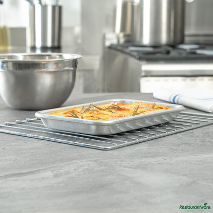 Wholesale Restaurantware 19-Gauge 1/8 Size Aluminum Bun/sheet Pan - Wire-Reinforced Beaded Rim - 9.5"×6.5"×1"- Bulk