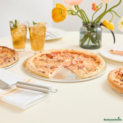 Wholesale Restaurantware Aluminum Wide Rim Pizza Pan - 12"×12"×0.4"- Bulk