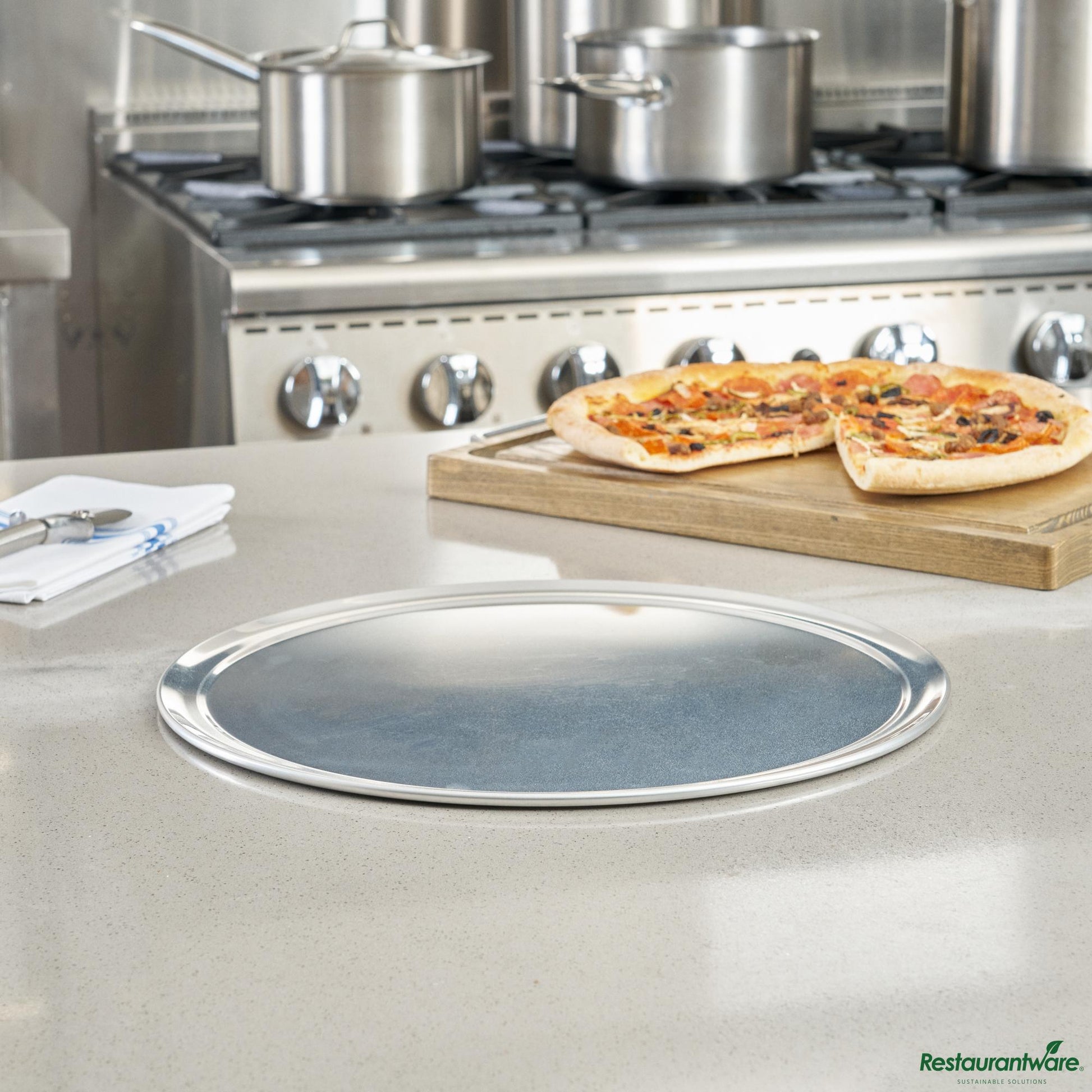 Wholesale Restaurantware Aluminum Wide Rim Pizza Pan - 16"×16"×0.4"- Bulk