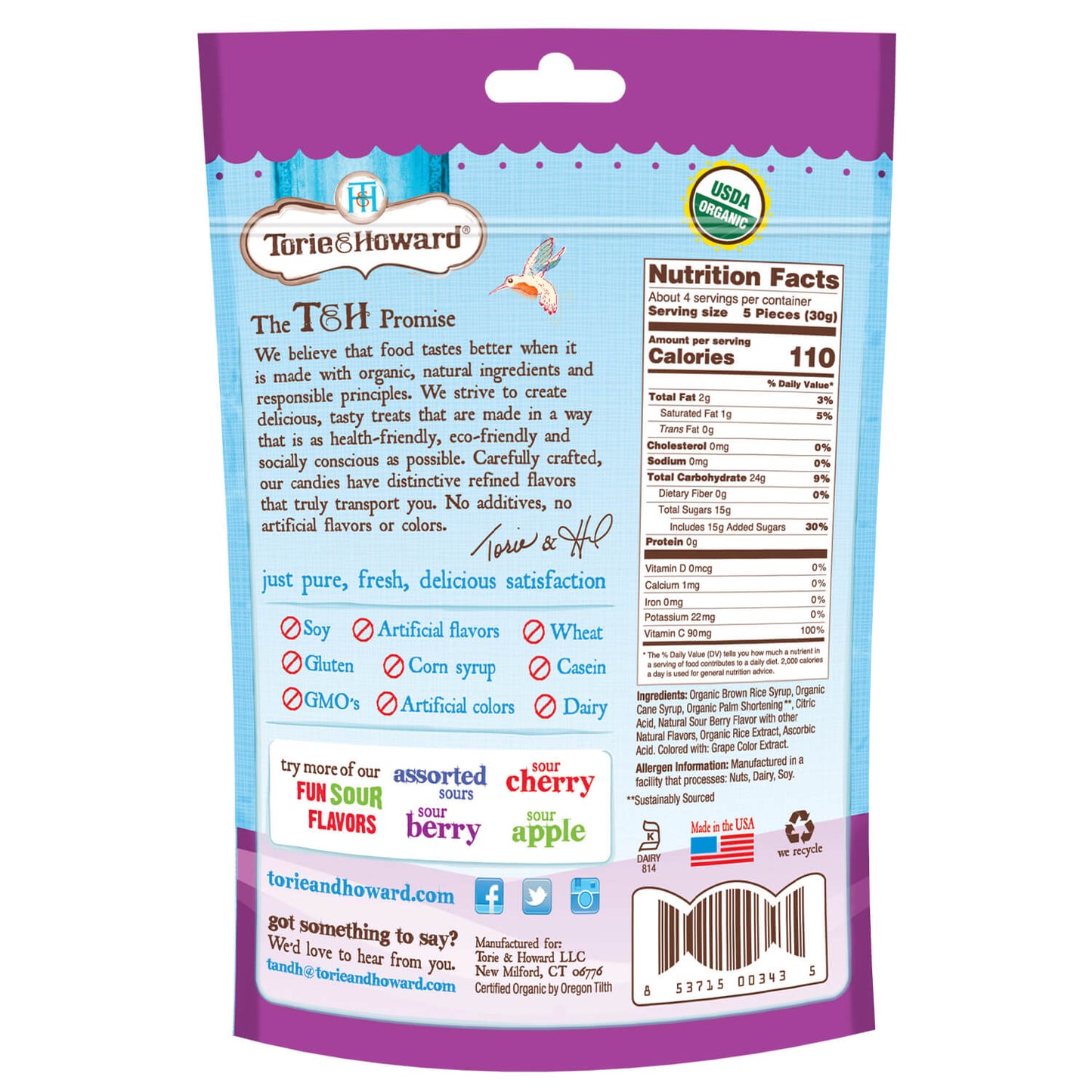 Wholesale Torie & Howard Sour Chewie Fruities® Organic Candy Sour Berry Flavor 4oz Pack of 6- Bulk