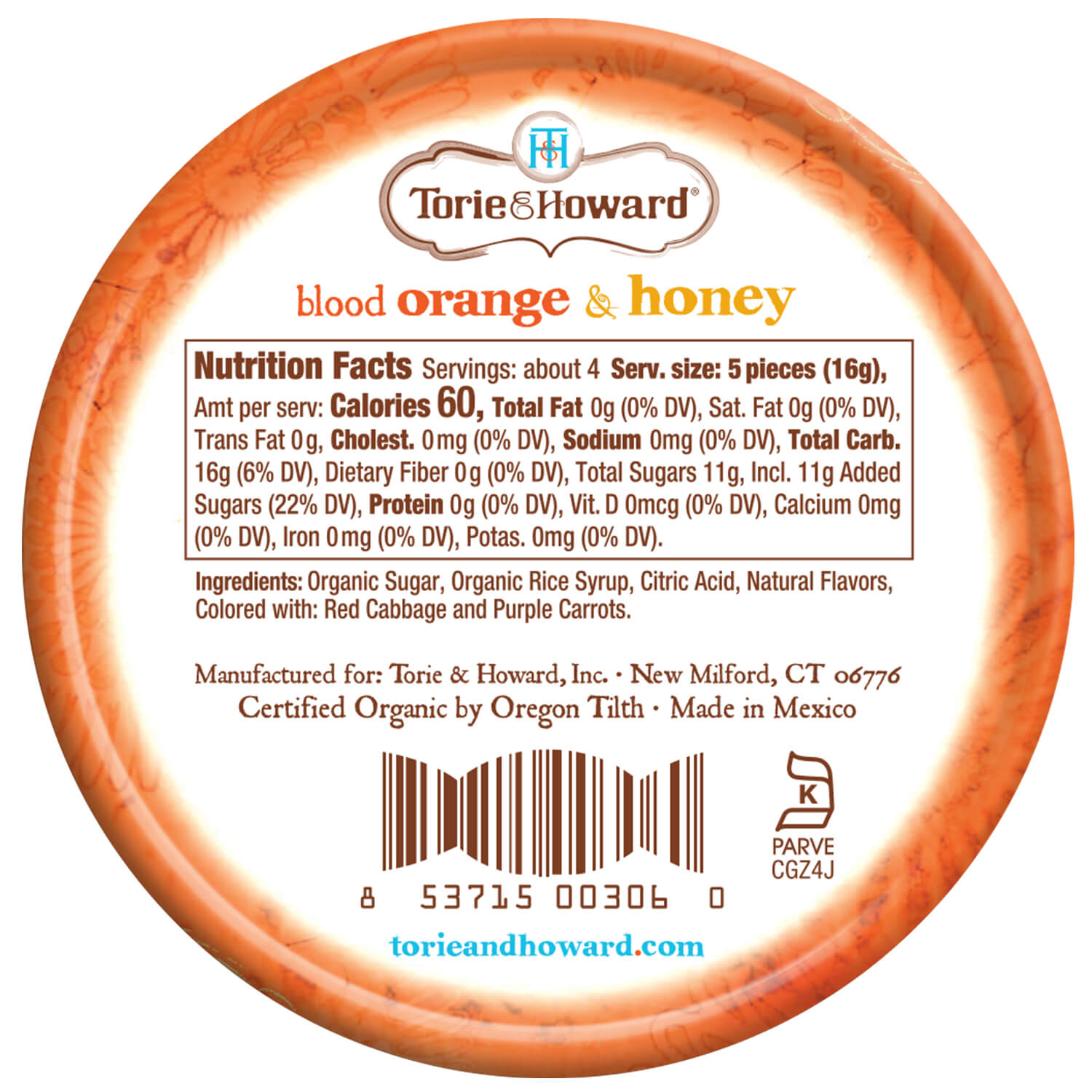 Wholesale Torie & Howard Blood Orange and Honey Organic Hard Candy Tins 2oz Tins- Bulk