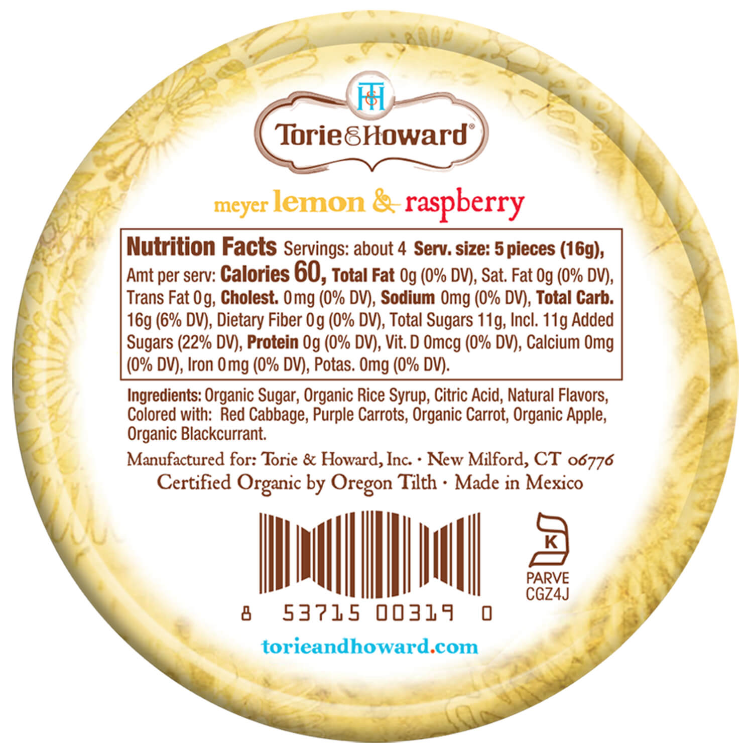 Wholesale Torie & Howard Meyer Lemon and Raspberry Organic Hard Candy Tins 2oz Tins- Bulk