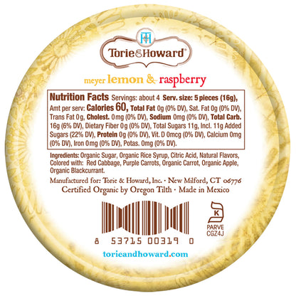 Wholesale Torie & Howard Meyer Lemon and Raspberry Organic Hard Candy Tins 2oz Tins- Bulk