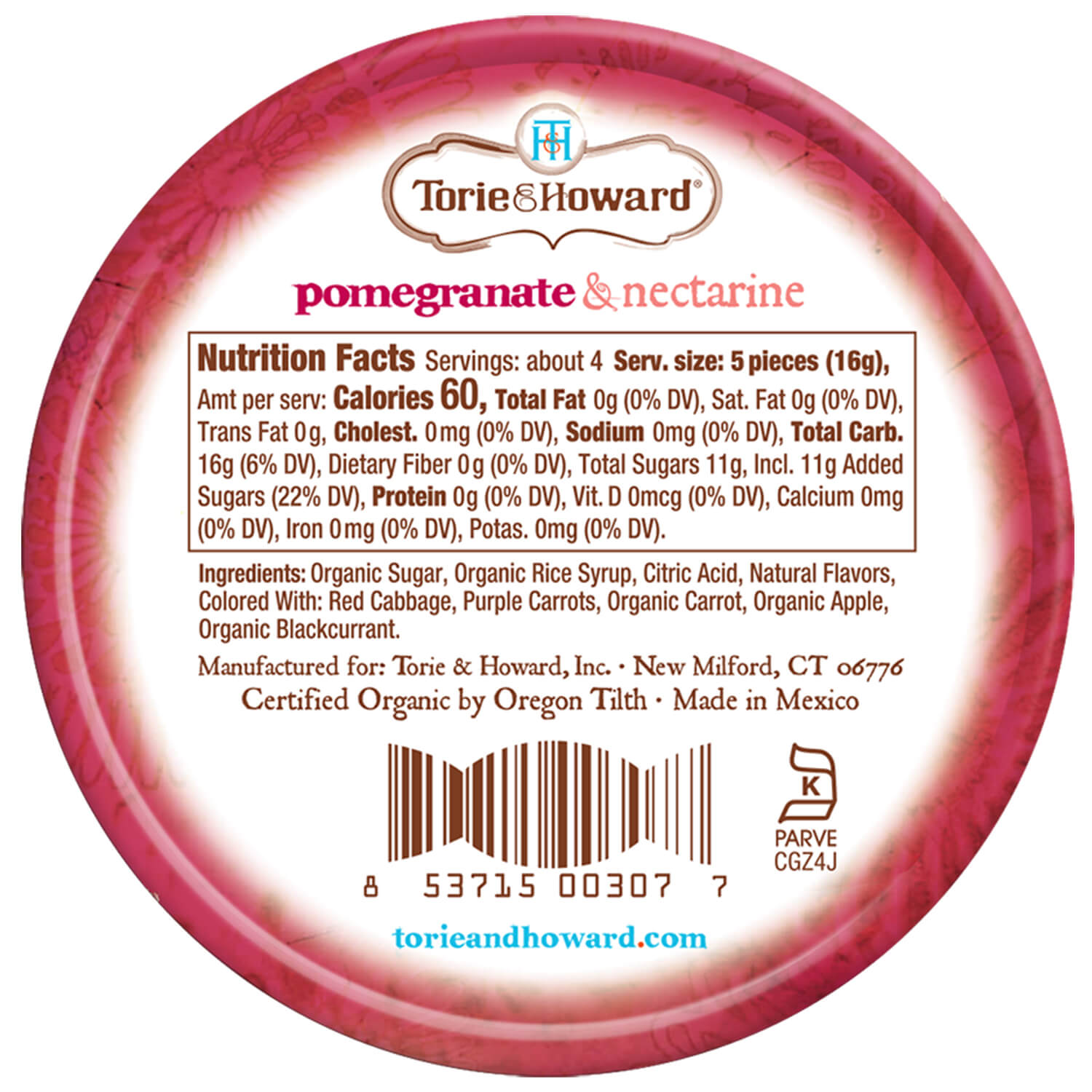 Wholesale Torie & Howard Pomegranate & Nectarine Organic Hard Candy Tins 2oz Tins- Bulk