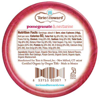 Wholesale Torie & Howard Pomegranate & Nectarine Organic Hard Candy Tins 2oz Tins- Bulk