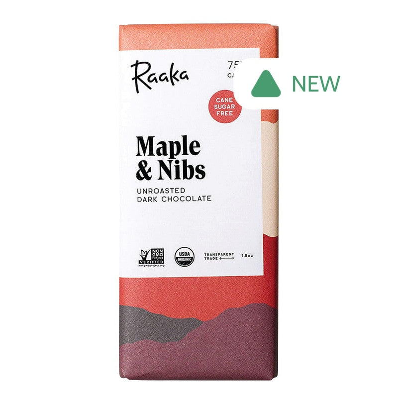 Wholesale Raaka Bar 75% Dark Chocolate Maple & Nibs 1.8 Oz Bar- Bulk