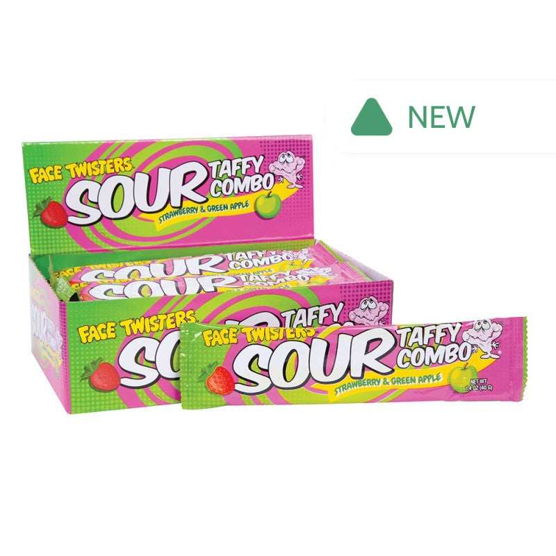Wholesale Face Twisters Strawberry Green Apple Sour Taffy 1.4 Oz- Bulk