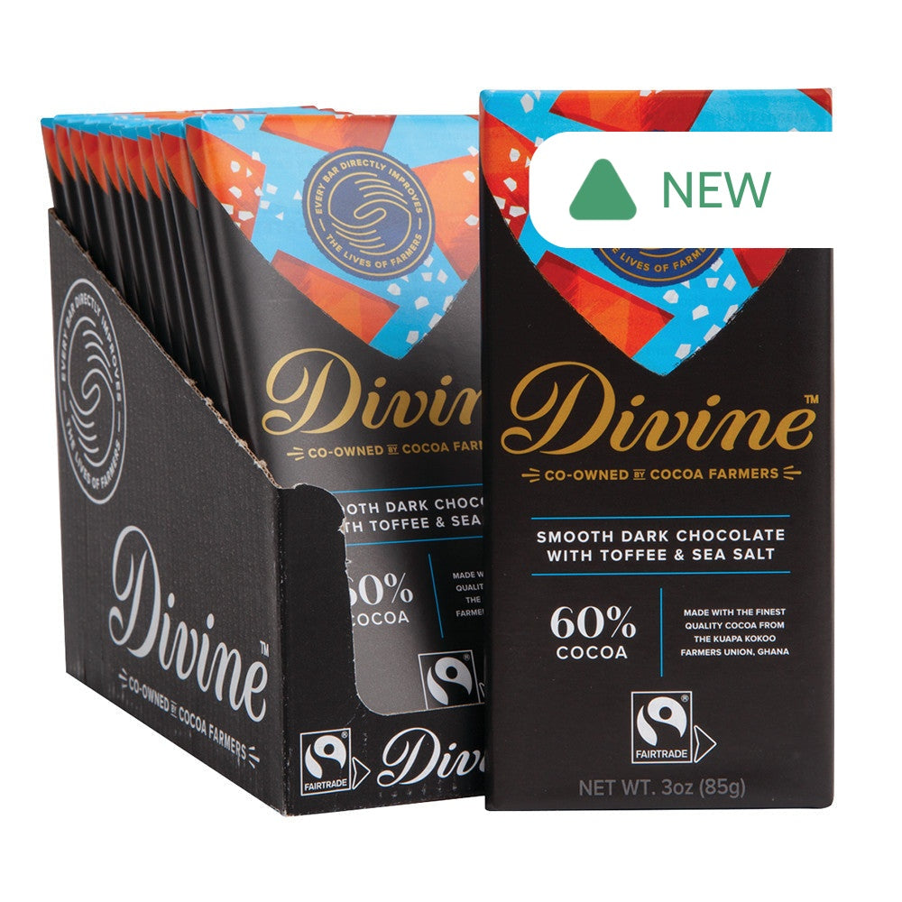 Wholesale Divine 6O% Dark Chocolate With Sea Salt & Toffee 3 Oz Bar- Bulk