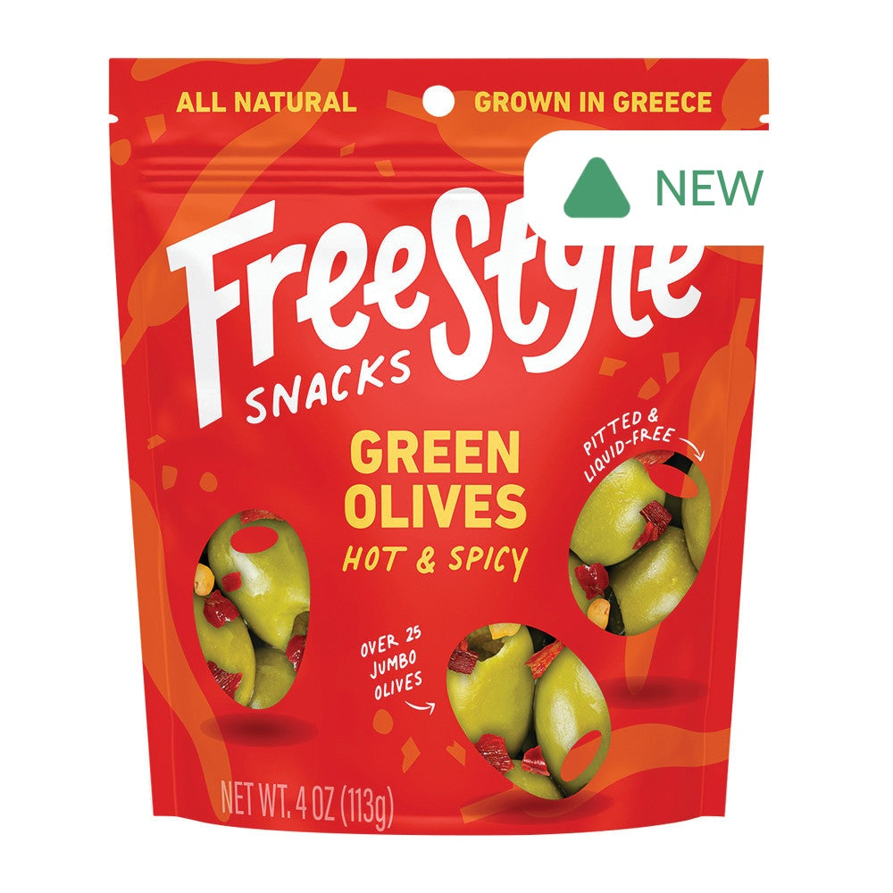 Wholesale Freestyle Snacks Hot & Spicy Green Olives 4 Oz Pouch- Bulk