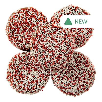 Wholesale BoxNCase Milk Chocolatey Coated Sandwich Cookies With Valentine Nonpareils- Bulk