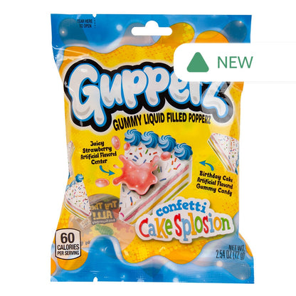 Wholesale Gupperz Confetti Cakesplosion Gummy Liquid Filled Popperz 2.54 Oz Peg Bag- Bulk
