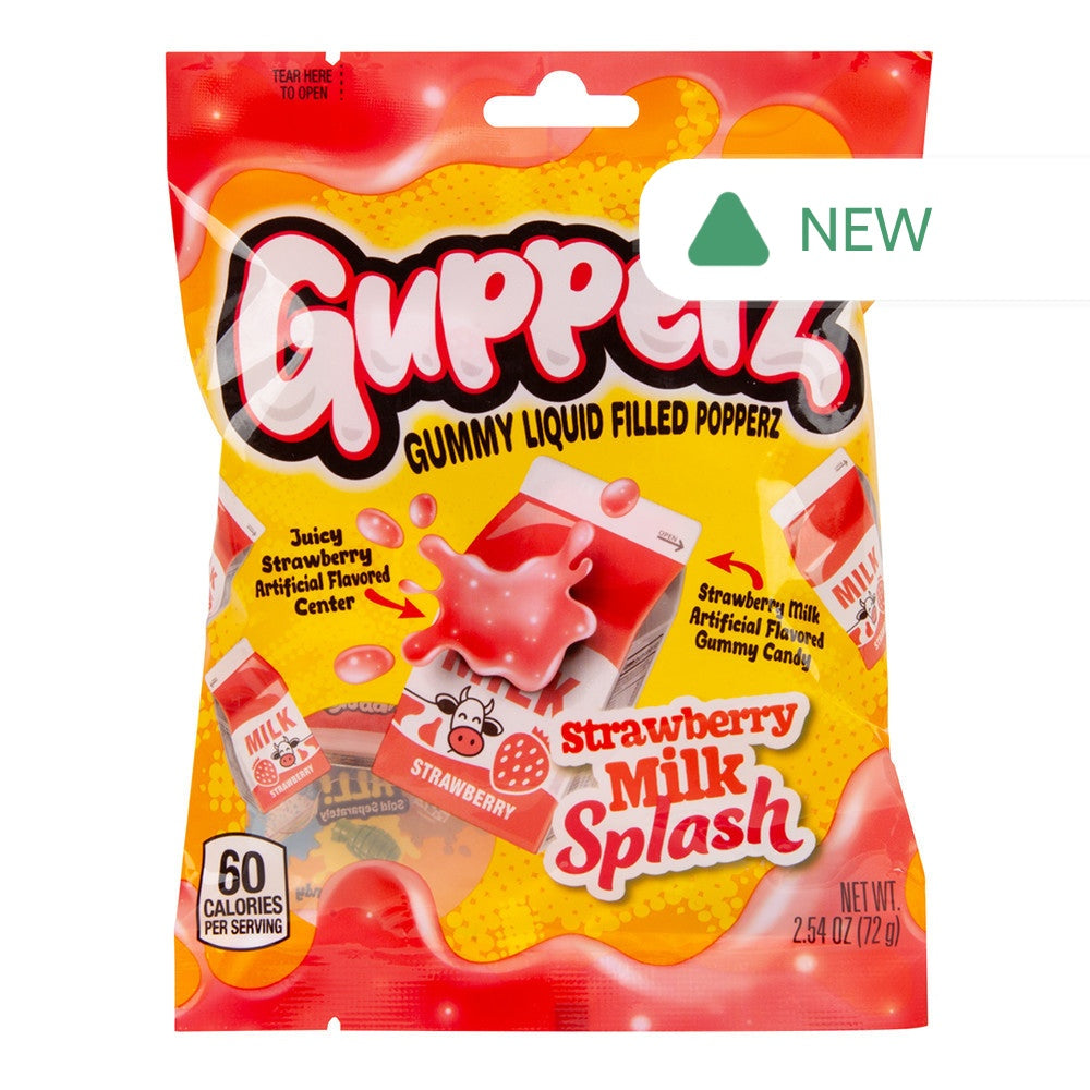 Wholesale Gupperz Strawberry Milk Splash Gummy Liquid Filled Popperz 2.54 Oz Peg Bag- Bulk
